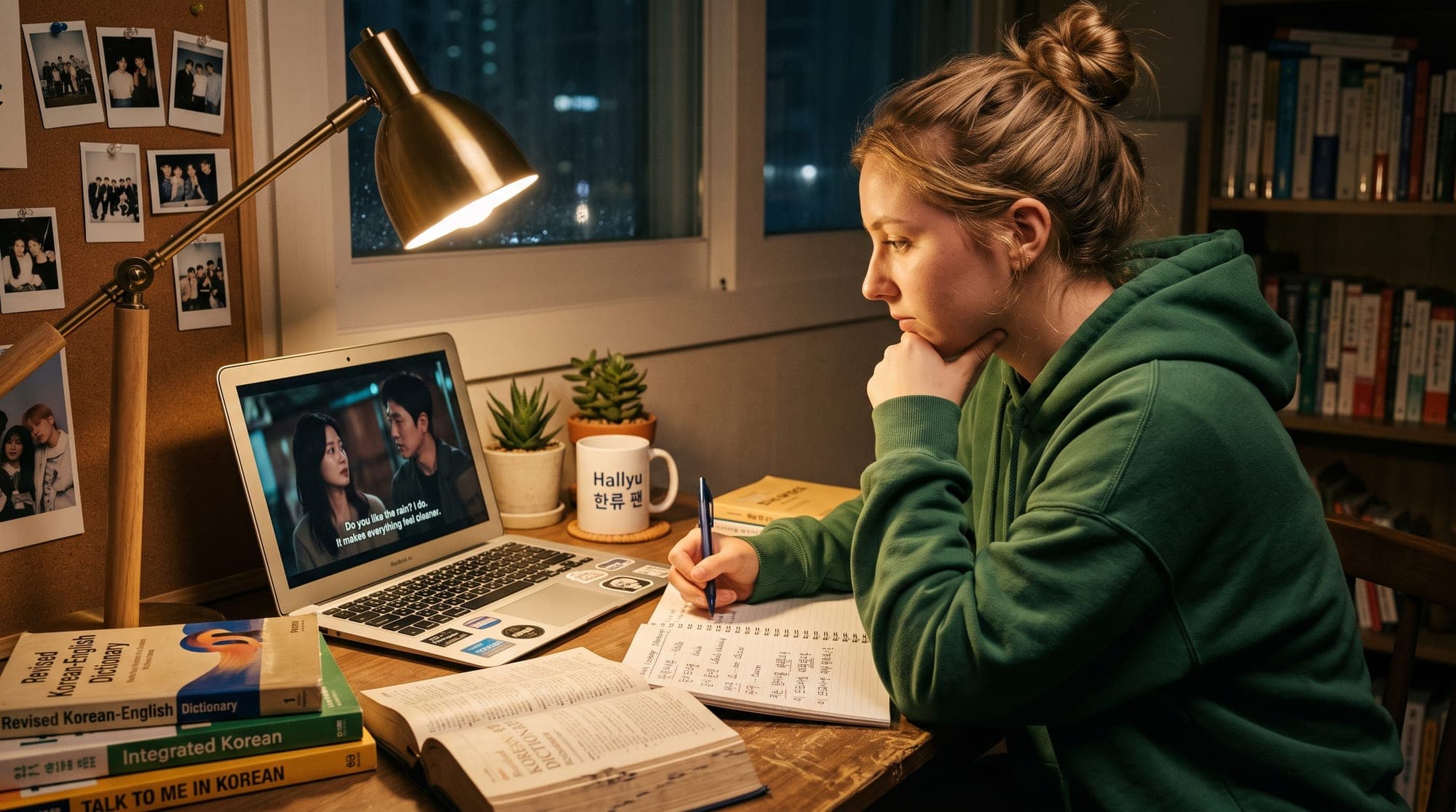 A learner at a desk at night, watching a Korean drama with English subtitles on a laptop and copying phrases into a notebook, surrounded by Korean textbooks and a Korean-English dictionary.